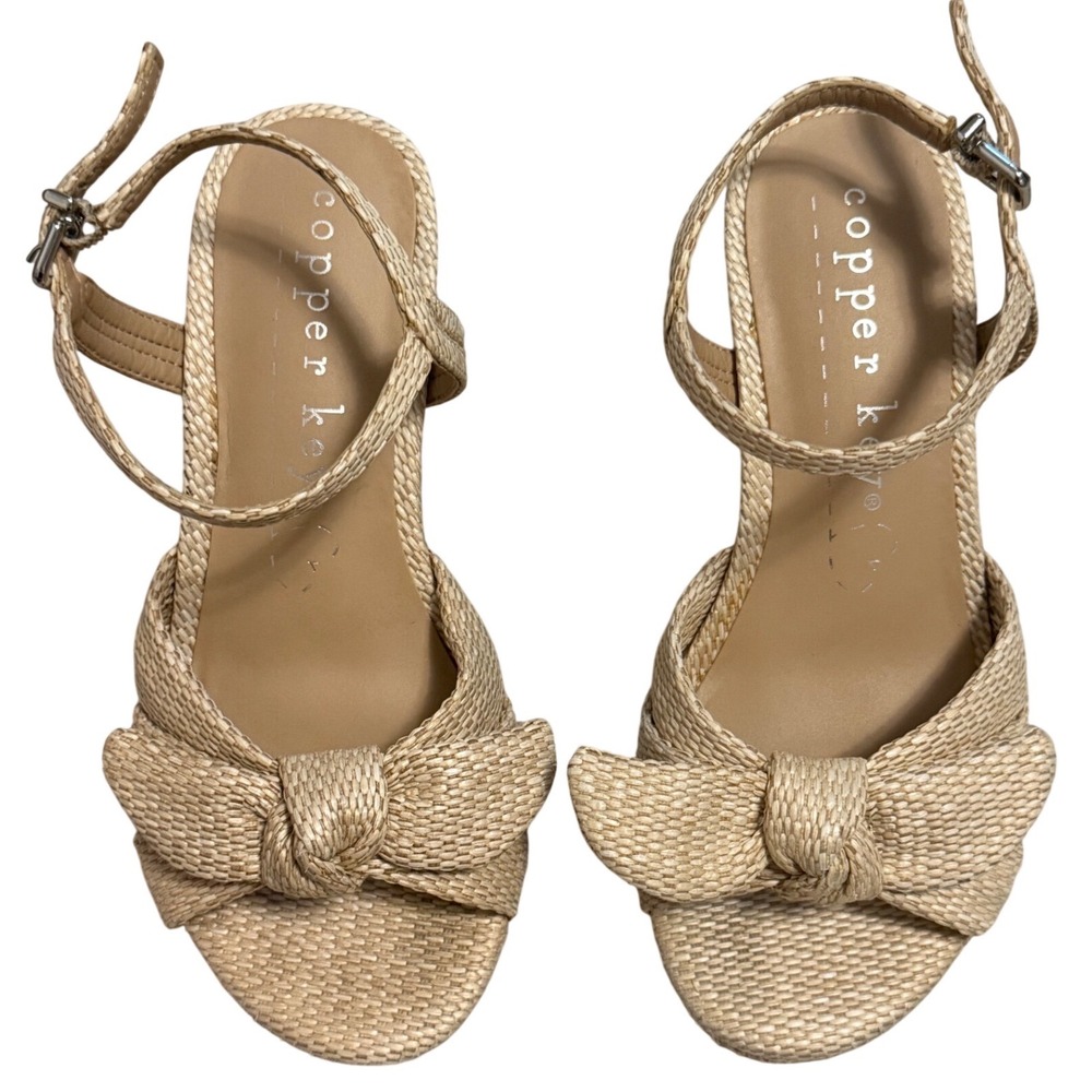 Copper Key Wedge Sandals Girls Size 2M Beige Good Woven Bow Ankle Strap